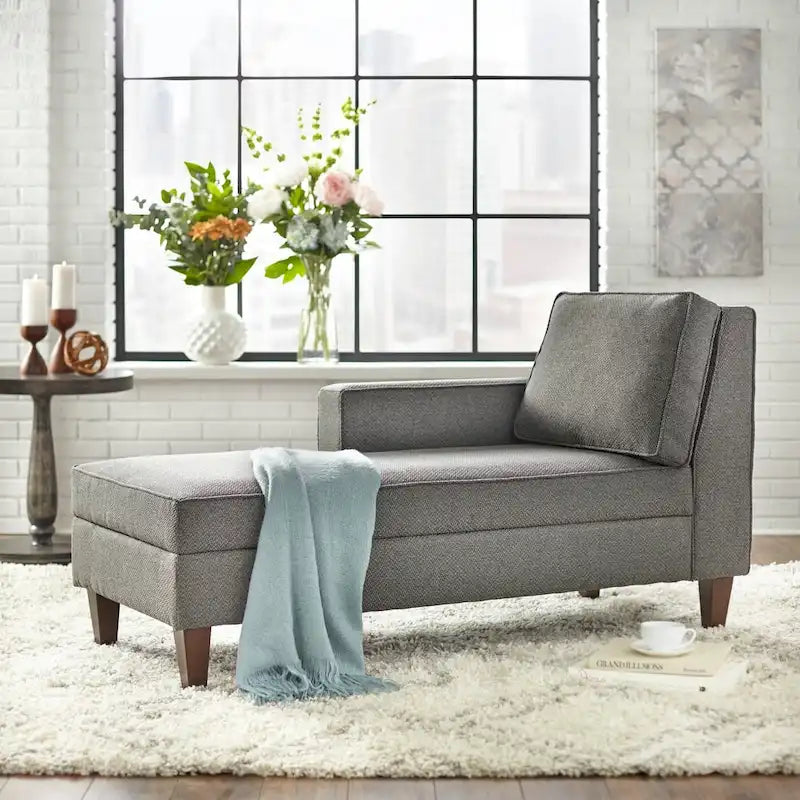 Upholstered Storage Chaise Lounge with Single Arm & Walnut Legs
