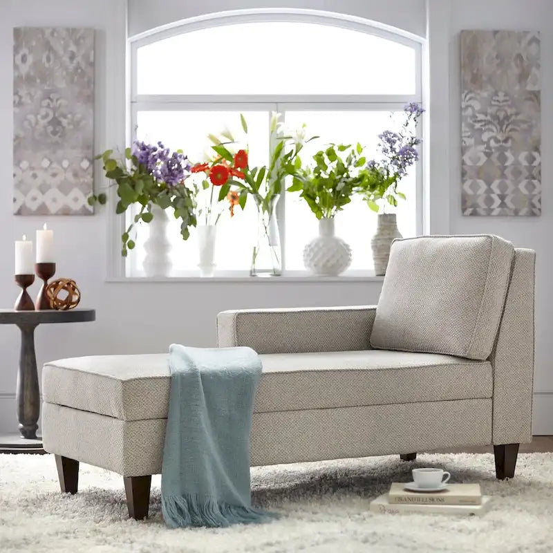 Upholstered Storage Chaise Lounge with Single Arm & Walnut Legs