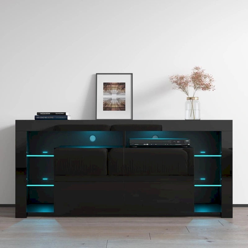 61" Glossy TV Stand with LED Lighting, Drop-Down Cabinets & Open Shelves