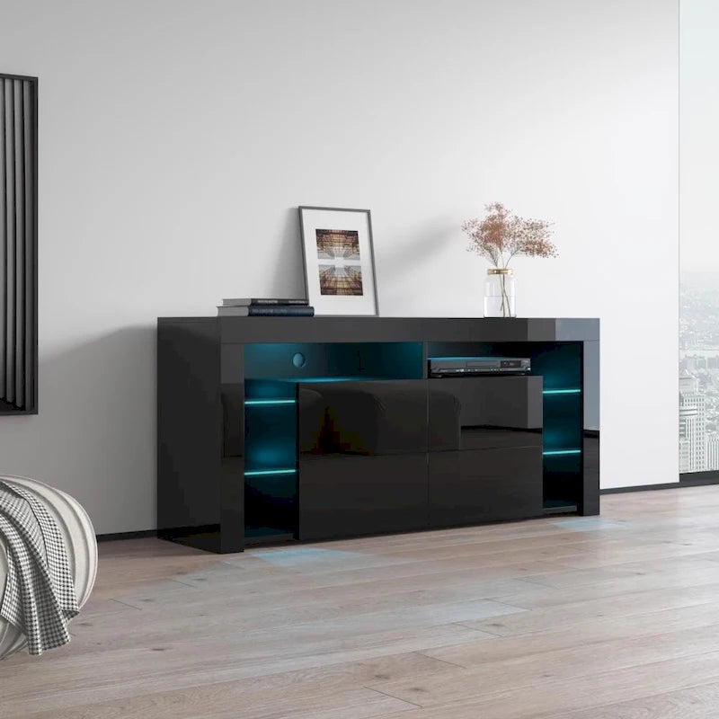 Glanzend tv-meubel van 61" met ledverlichting, neerklapbare kasten en open planken