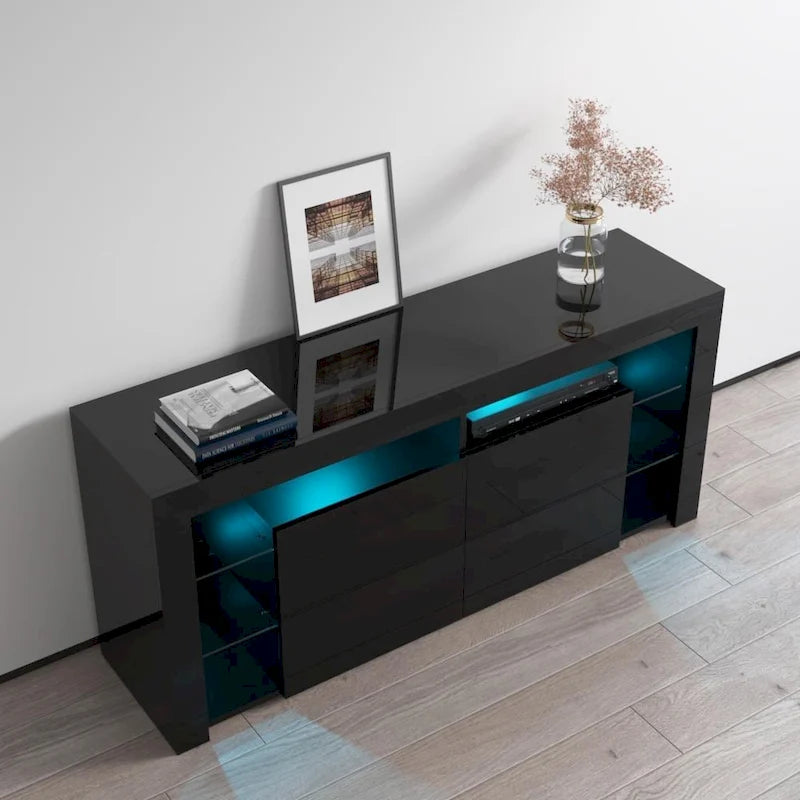 61" Glossy TV Stand with LED Lighting, Drop-Down Cabinets & Open Shelves
