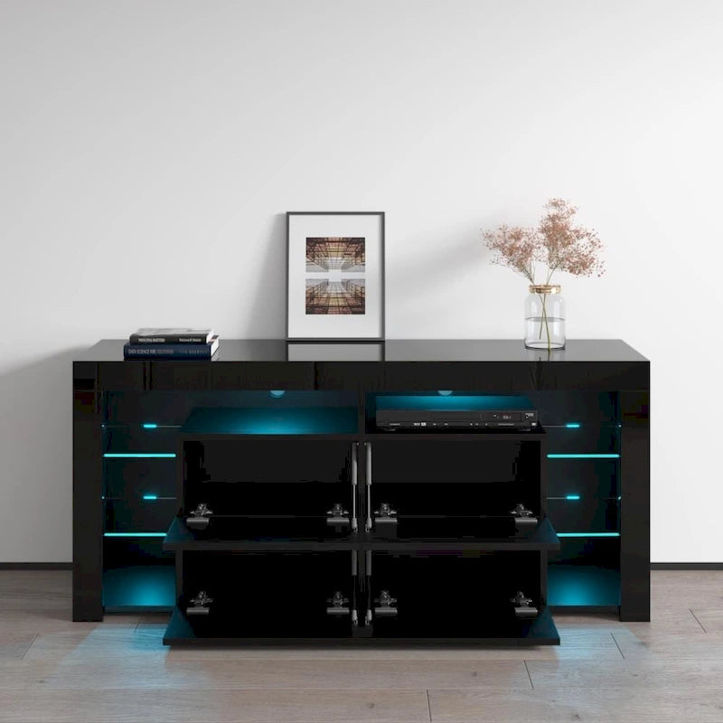 61" Glossy TV Stand with LED Lighting, Drop-Down Cabinets & Open Shelves