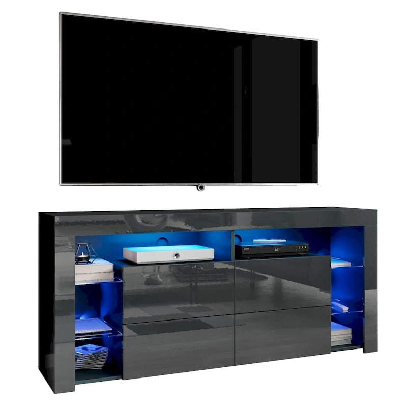 Glanzend tv-meubel van 61" met ledverlichting, neerklapbare kasten en open planken