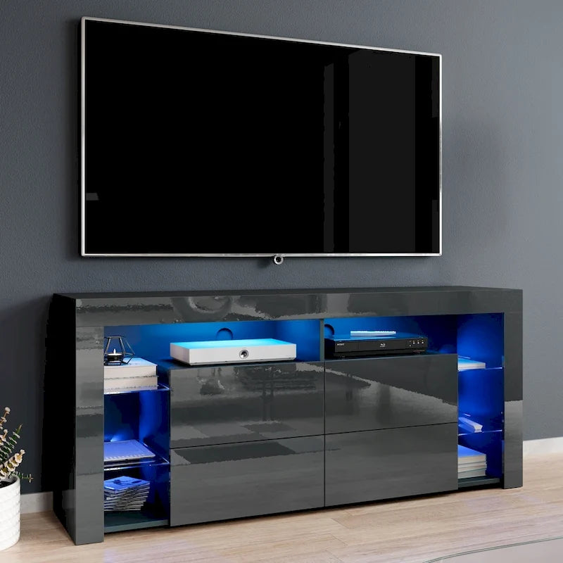 Glanzend tv-meubel van 61" met ledverlichting, neerklapbare kasten en open planken