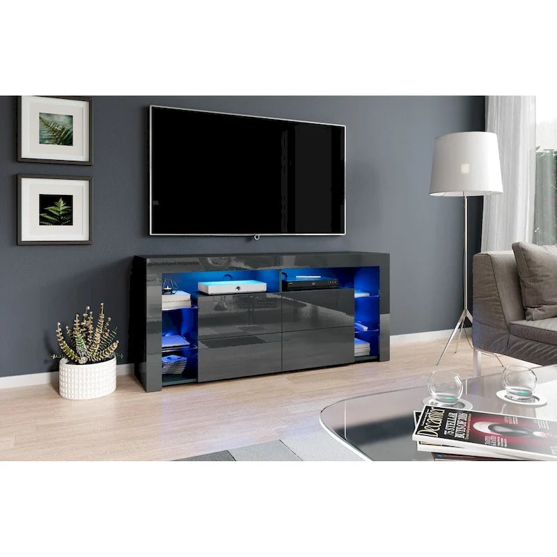 Glanzend tv-meubel van 61" met ledverlichting, neerklapbare kasten en open planken
