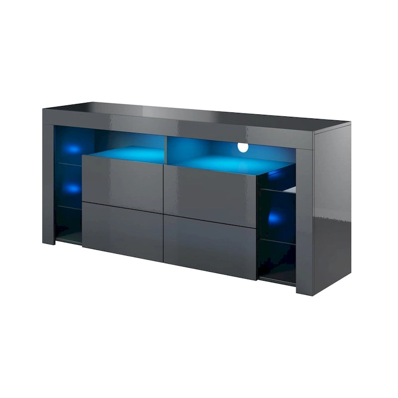 Glanzend tv-meubel van 61" met ledverlichting, neerklapbare kasten en open planken