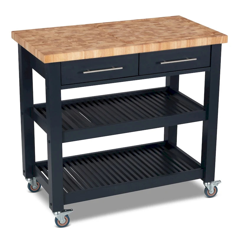 Poste de travail de cuisine entièrement en bois avec plateau en planche à découper sur chant et rangement