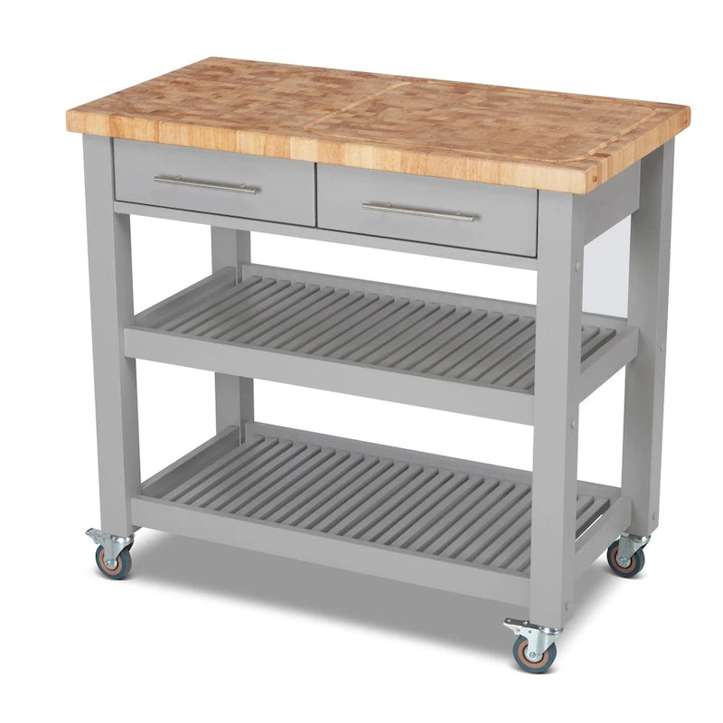 Poste de travail de cuisine entièrement en bois avec plateau en planche à découper sur chant et rangement