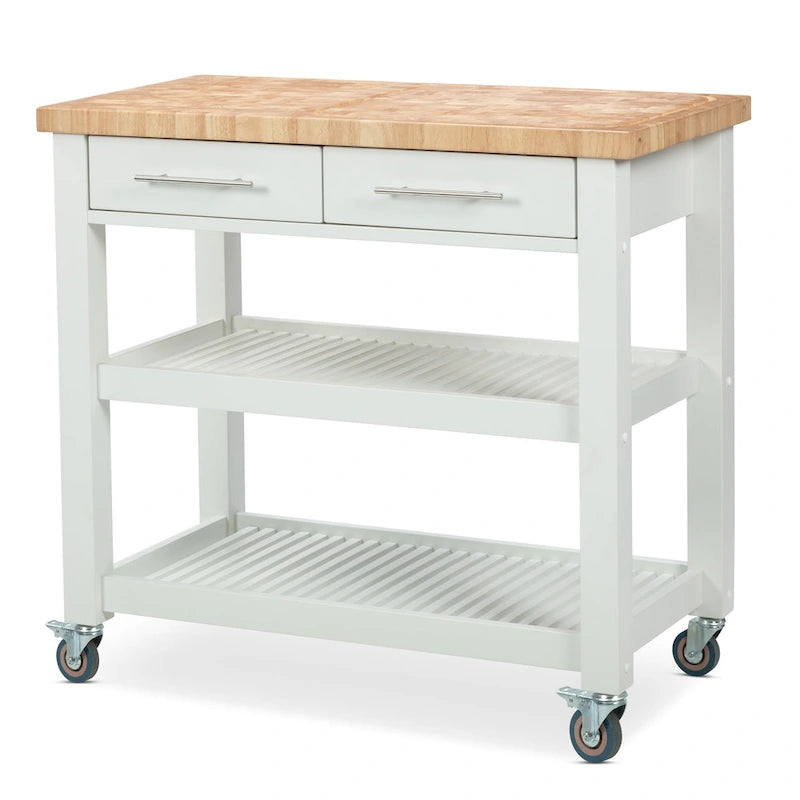 Poste de travail de cuisine entièrement en bois avec plateau en planche à découper sur chant et rangement