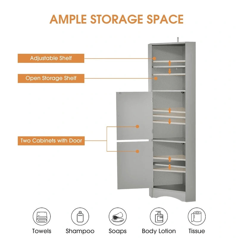 Freestanding Tall Corner Cabinet with Adjustable Shelves & Double Doors