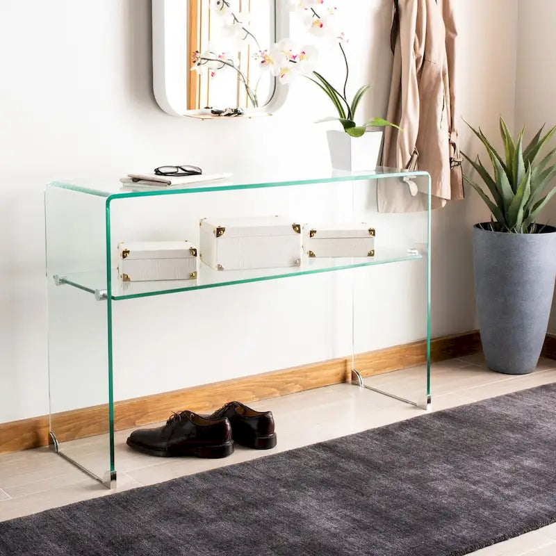 Clear Tempered Glass Console Table with Lower Storage Shelf