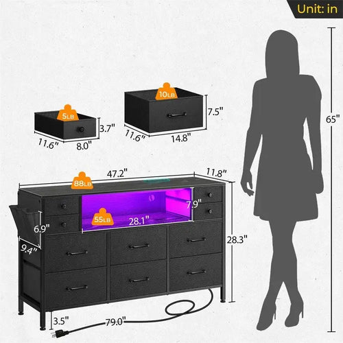Stoffkommode mit 10 Schubladen, integrierten LED-Leuchten und Steckdosen