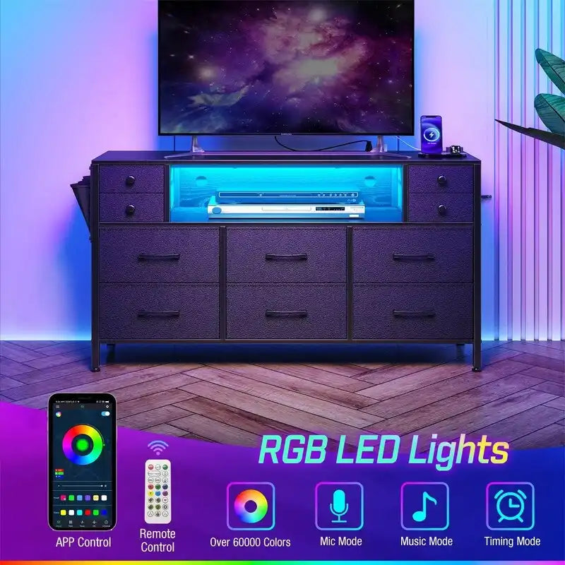 10-Drawer Fabric Dresser with Built-In LED Lights & Power Outlets
