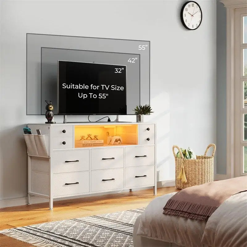 10-Drawer Fabric Dresser with Built-In LED Lights & Power Outlets