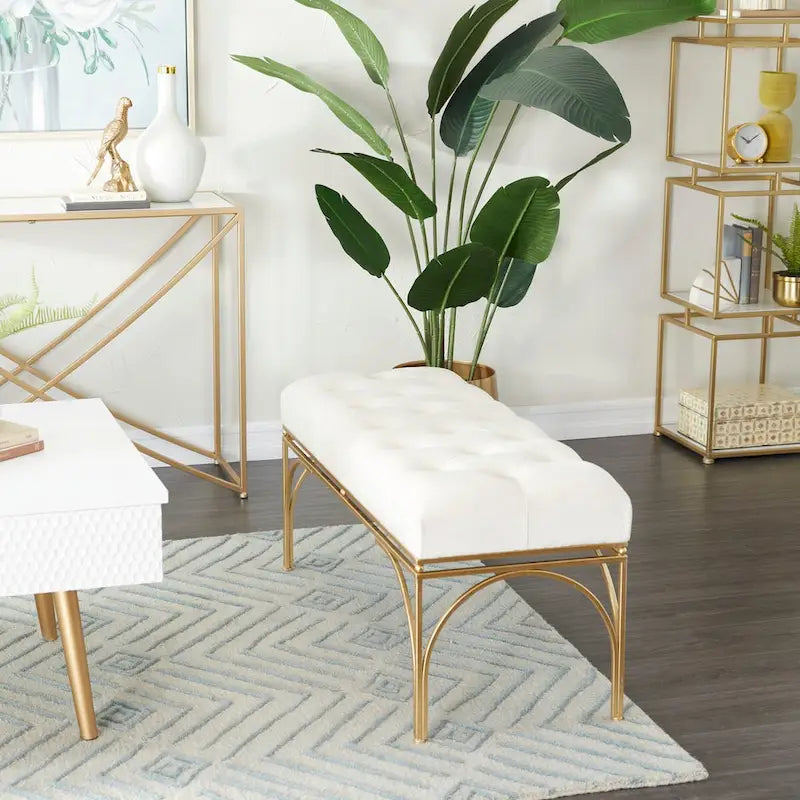Upholstered Velvet Bench with Gold Metal Legs & Button Tufted Seat