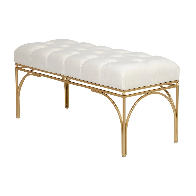 Upholstered Velvet Bench with Gold Metal Legs & Button Tufted Seat