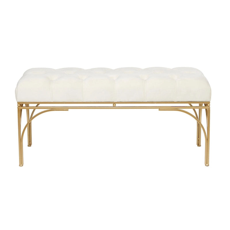 Upholstered Velvet Bench with Gold Metal Legs & Button Tufted Seat