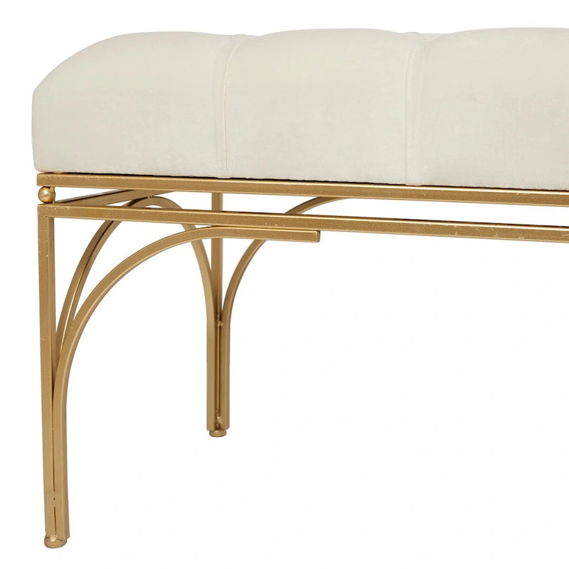 Upholstered Velvet Bench with Gold Metal Legs & Button Tufted Seat