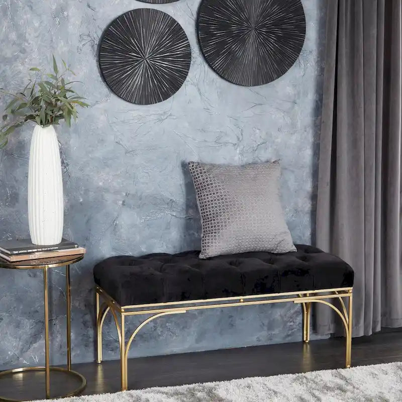 Upholstered Velvet Bench with Gold Metal Legs & Button Tufted Seat
