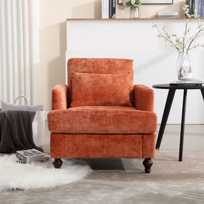Met chenille beklede fauteuil met frame van massief hout en afneembaar kussen