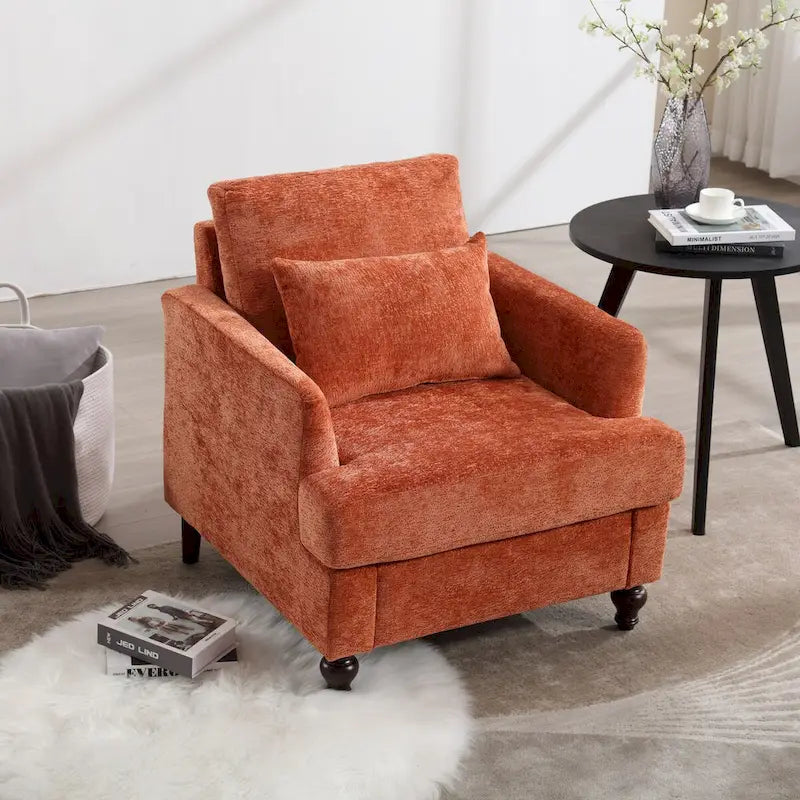 Met chenille beklede fauteuil met frame van massief hout en afneembaar kussen