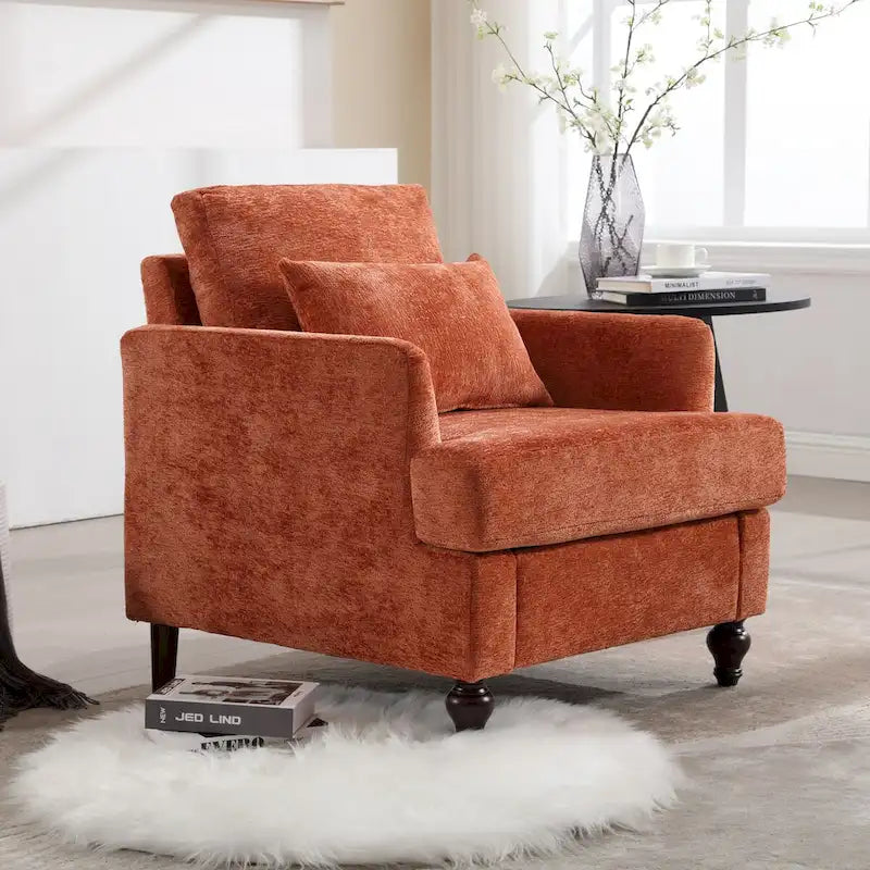 Met chenille beklede fauteuil met frame van massief hout en afneembaar kussen