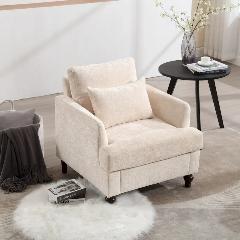 Met chenille beklede fauteuil met frame van massief hout en afneembaar kussen