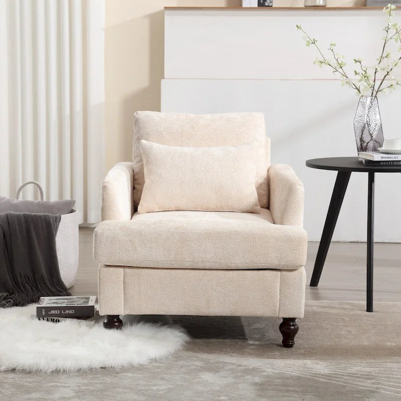 Met chenille beklede fauteuil met frame van massief hout en afneembaar kussen