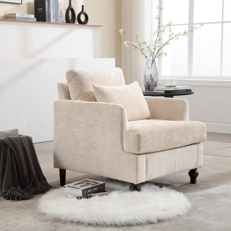 Met chenille beklede fauteuil met frame van massief hout en afneembaar kussen