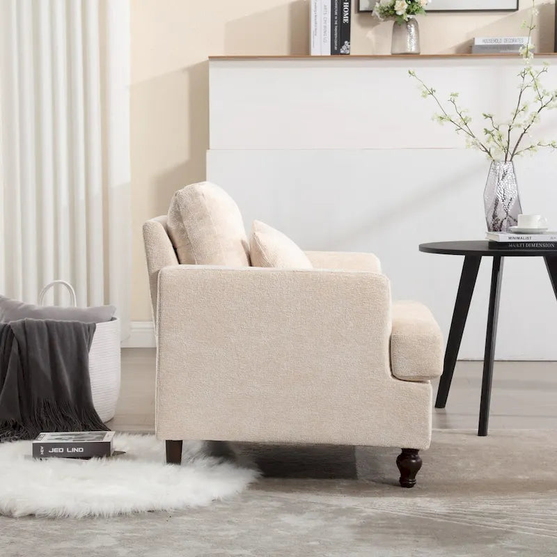 Met chenille beklede fauteuil met frame van massief hout en afneembaar kussen