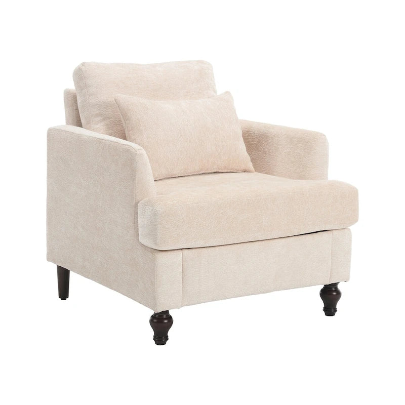 Met chenille beklede fauteuil met frame van massief hout en afneembaar kussen