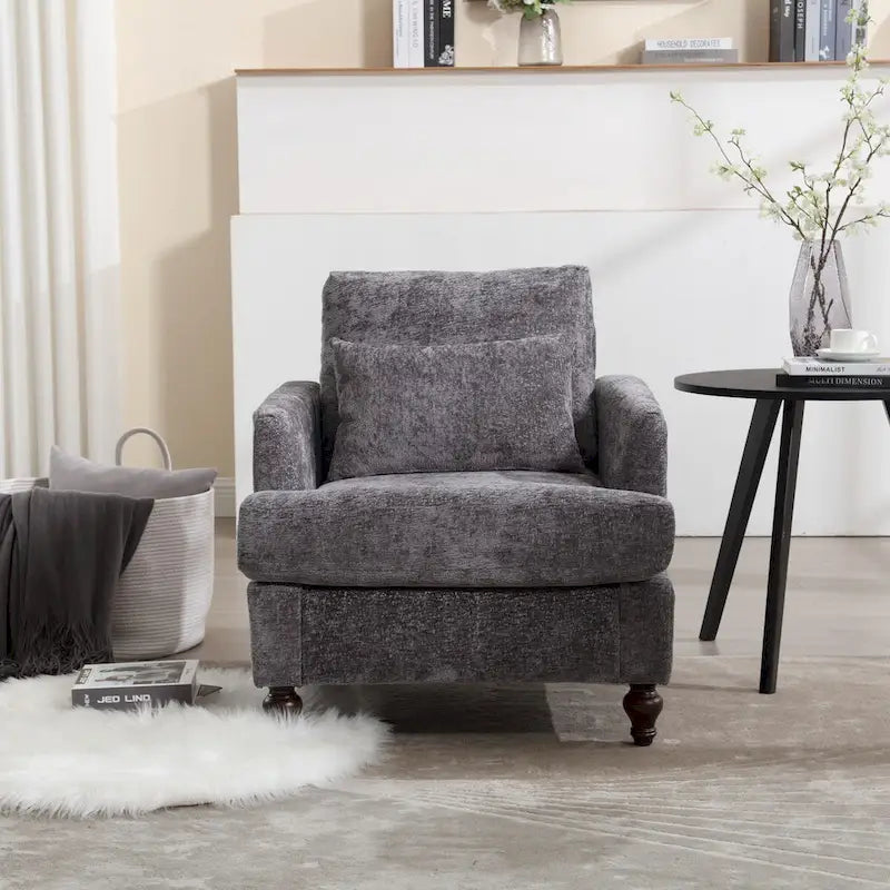 Met chenille beklede fauteuil met frame van massief hout en afneembaar kussen
