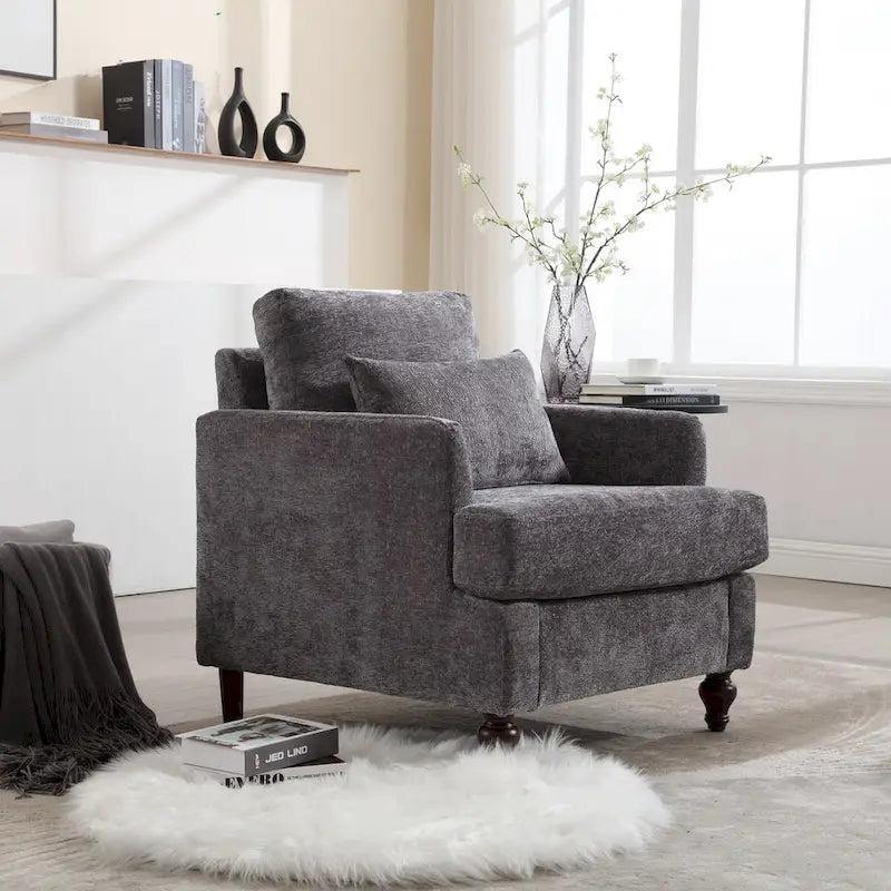 Met chenille beklede fauteuil met frame van massief hout en afneembaar kussen