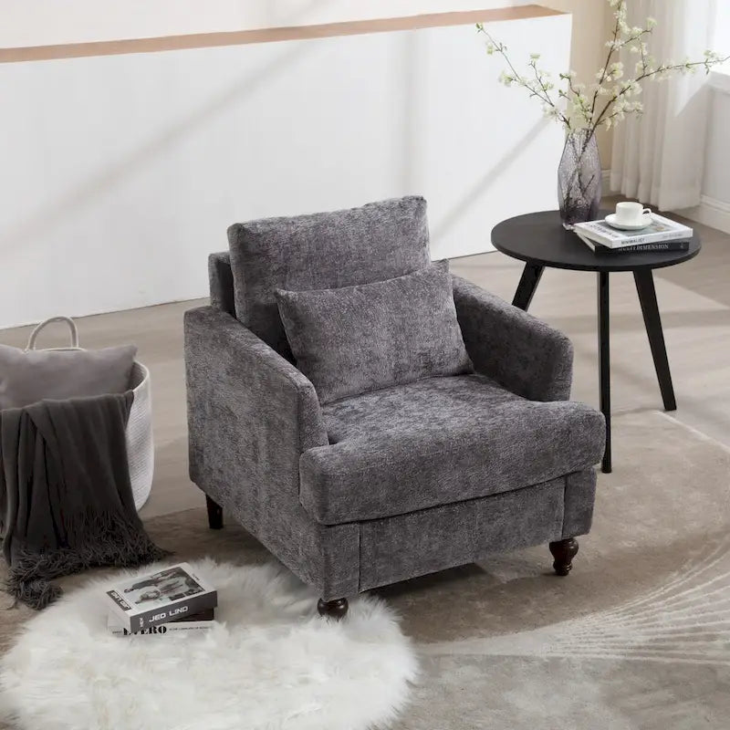 Met chenille beklede fauteuil met frame van massief hout en afneembaar kussen