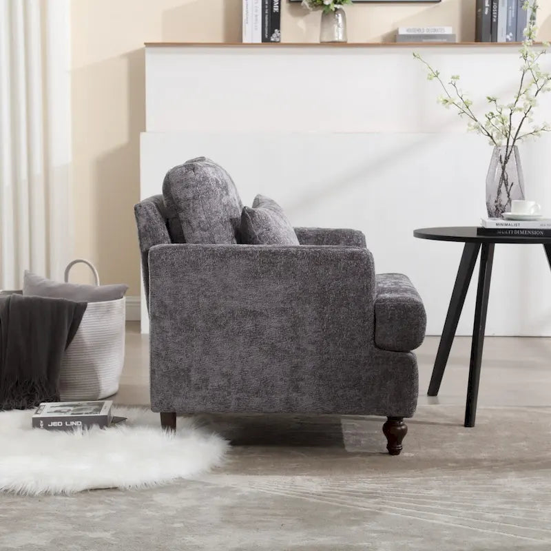 Met chenille beklede fauteuil met frame van massief hout en afneembaar kussen