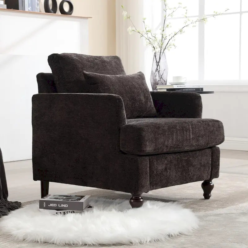 Met chenille beklede fauteuil met frame van massief hout en afneembaar kussen