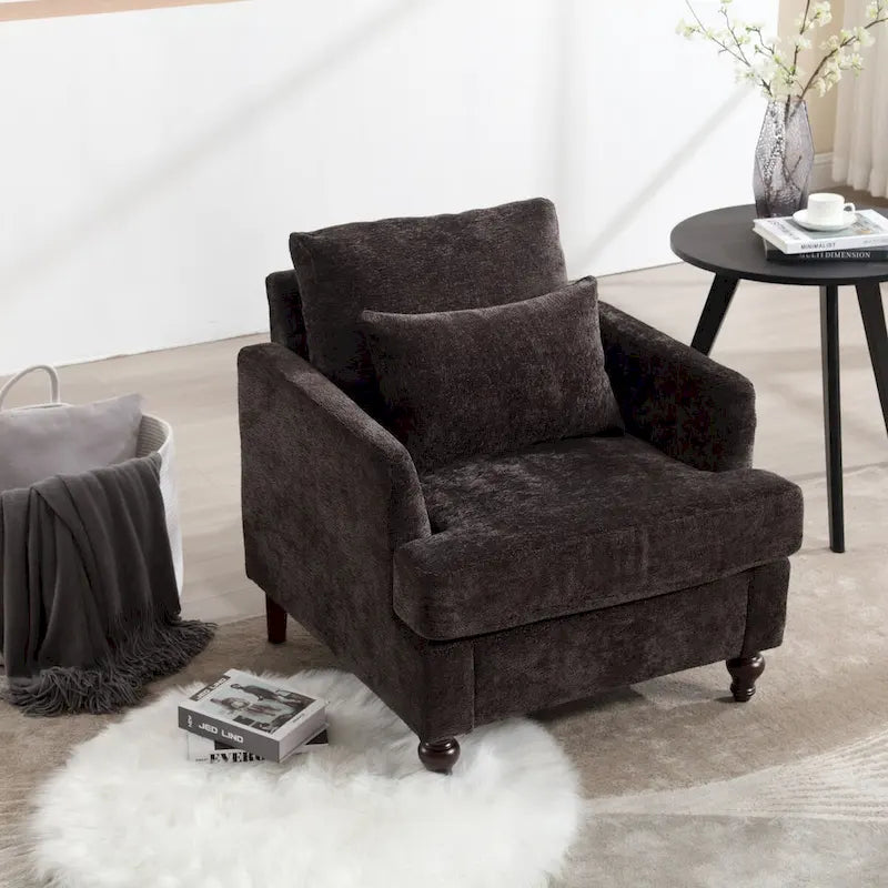 Met chenille beklede fauteuil met frame van massief hout en afneembaar kussen