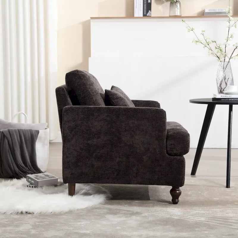 Met chenille beklede fauteuil met frame van massief hout en afneembaar kussen