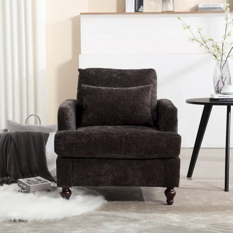 Met chenille beklede fauteuil met frame van massief hout en afneembaar kussen