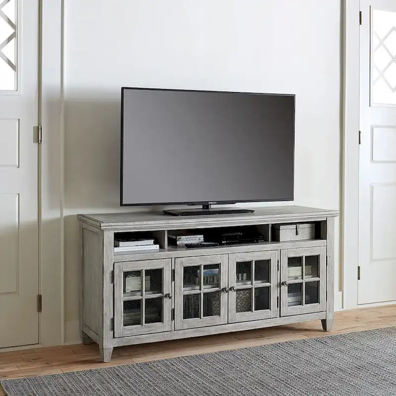 66" Antique White TV Stand with Seeded Glass Doors & Brass Hardware