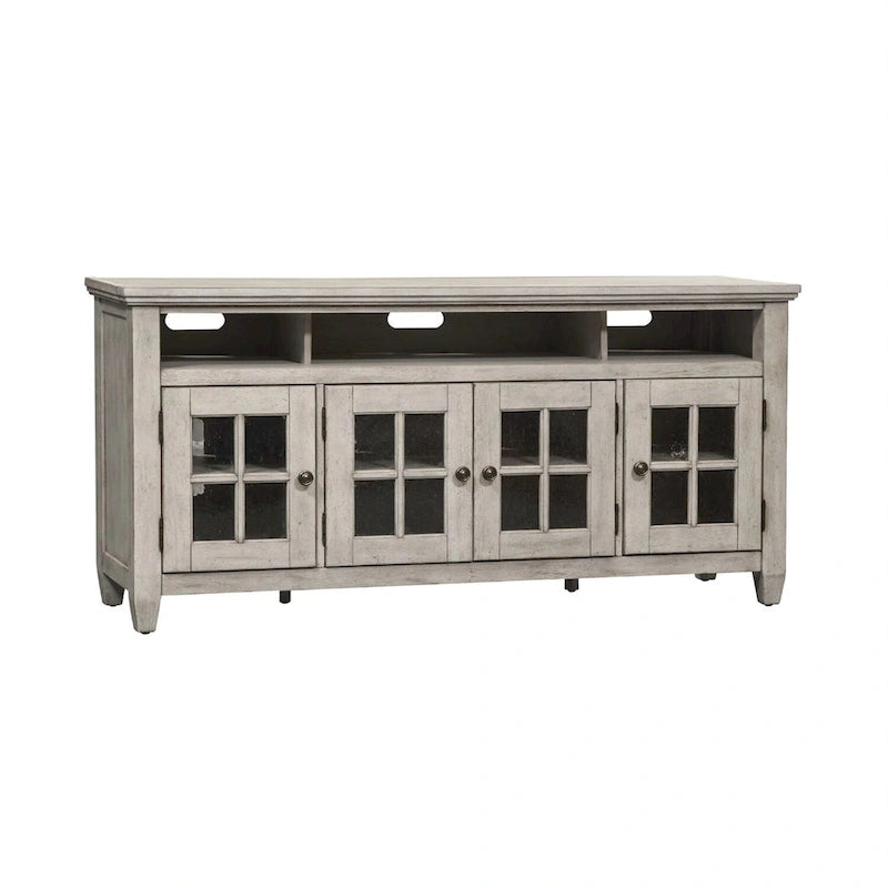 66" Antique White TV Stand with Seeded Glass Doors & Brass Hardware