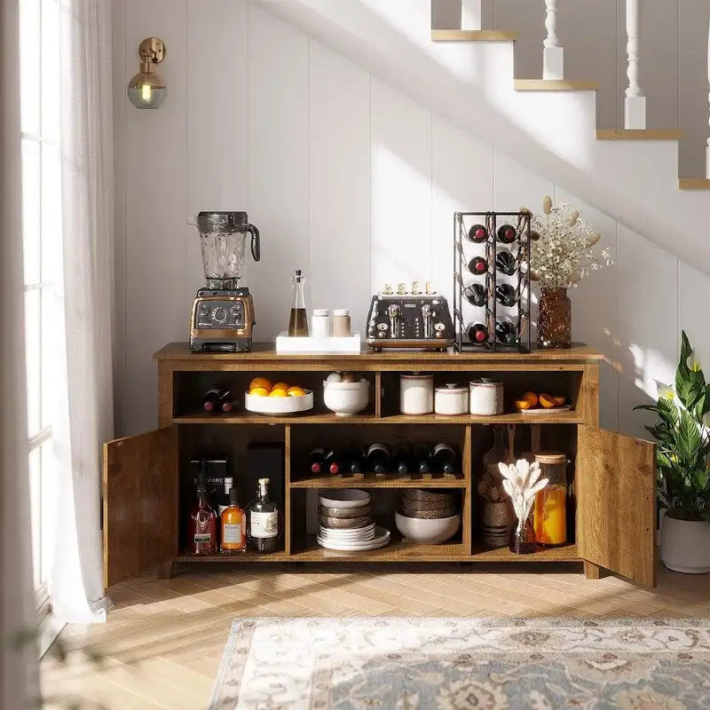 Wide Farmhouse Buffet Cabinet with Open Shelves & Side Storage