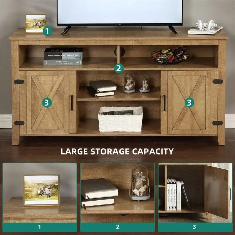 Wide Farmhouse Buffet Cabinet with Open Shelves & Side Storage