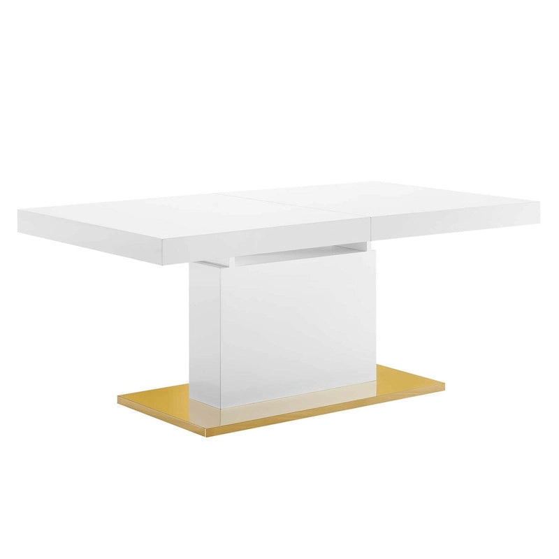 Table à manger extensible avec rallonge papillon et piètement en acier inoxydable doré