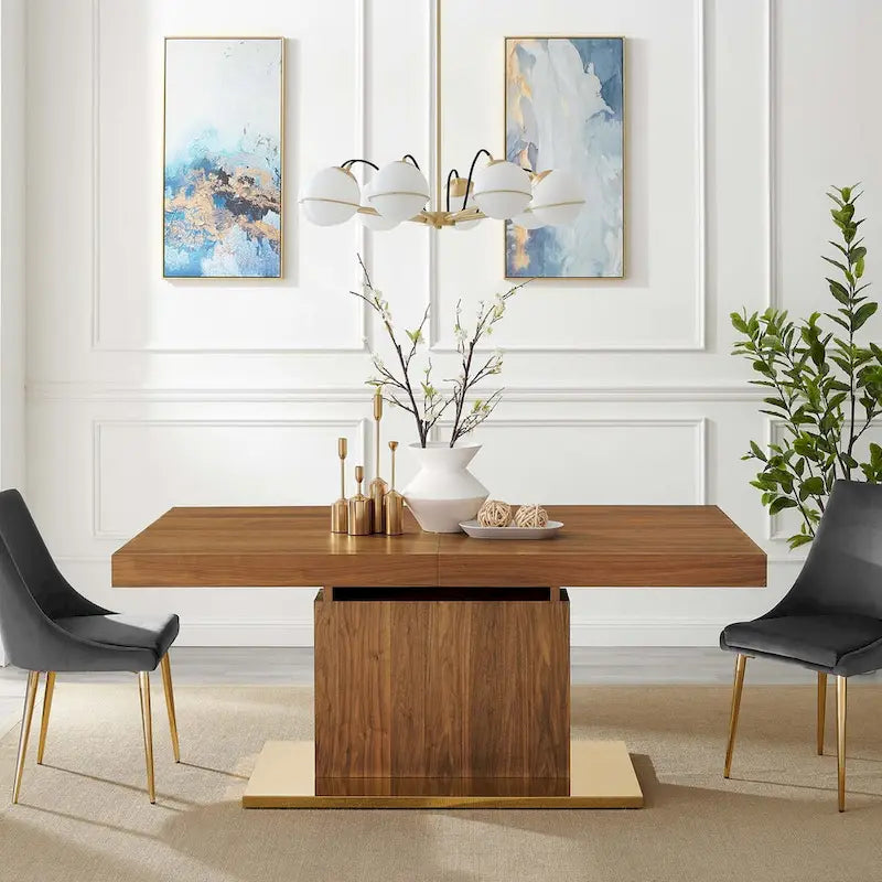 Table à manger extensible avec rallonge papillon et piètement en acier inoxydable doré