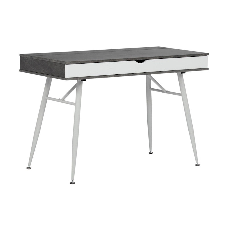 Biurko w stylu mid-century modern z dzieloną szufladą i tylną komorą na urządzenia