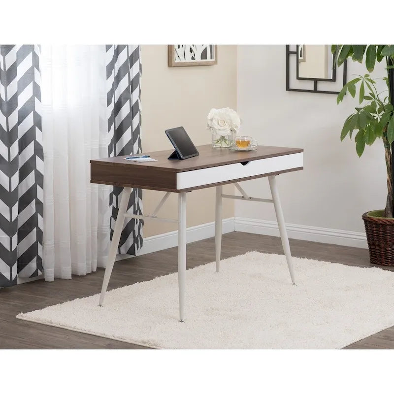 Schreibtisch im Mid-Century-Modern-Stil mit geteilter Schublade und hinterem Geräteaufbewahrungsfach