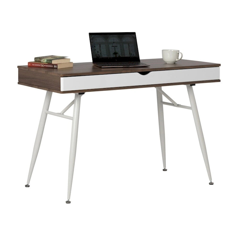 Schreibtisch im Mid-Century-Modern-Stil mit geteilter Schublade und hinterem Geräteaufbewahrungsfach