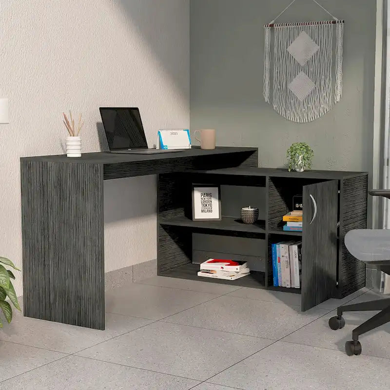 L-Shaped Office Desk with Drawer, Open Shelves & Cabinet Storage