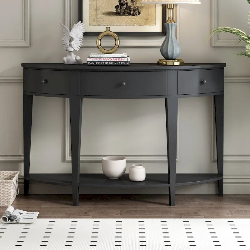Modern Curved Console Table with 3 Drawers and Bottom Shelf in Black